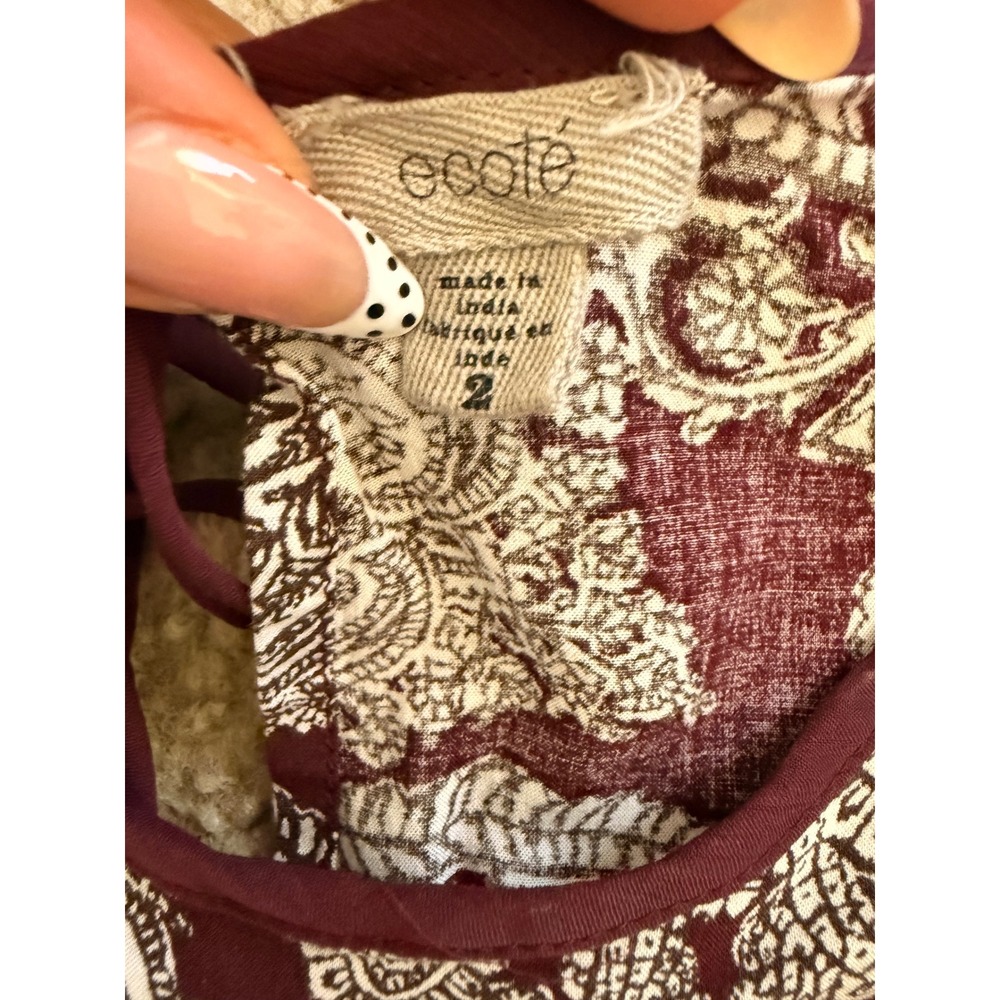 Ecote Burgundy Paisley Bell Sleeve Mini Dress Size 2 Boho Open Back Tie - Picture 6 of 7